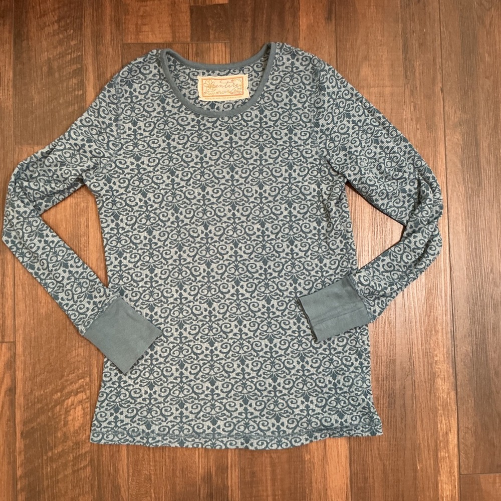 Aventura Damask Waffle Knit Thermal Top Blue Grey Scroll Long Sleeve L Large
